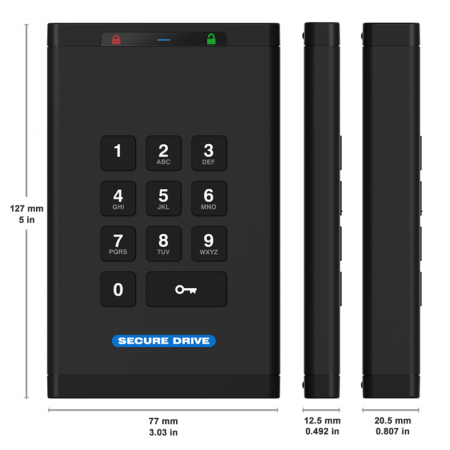 SecureData SD-KP-12-BL2000GB-SSD SecureDrive KP 2TB FIPS-140-2 Level 3 Validated 256-Bit Hardware Encrypted External Portable SSD USB 3.0 - Unlock via On-Board Keypad