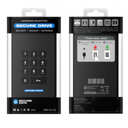 SecureData SD-KP-12-BL2000GB-SSD SecureDrive KP 2TB FIPS-140-2 Level 3 Validated 256-Bit Hardware Encrypted External Portable SSD USB 3.0 - Unlock via On-Board Keypad