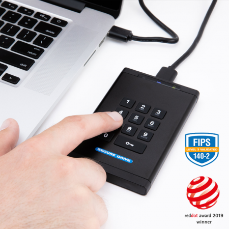 SecureData SD-KP-12-BL2000GB-SSD SecureDrive KP 2TB FIPS-140-2 Level 3 Validated 256-Bit Hardware Encrypted External Portable SSD USB 3.0 - Unlock via On-Board Keypad