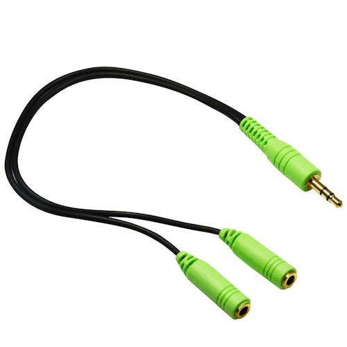 Andrea Communications C73-1027917-1 Y-100 Green Splitter Cable connects two headphones to the computer for simultaneous listening.