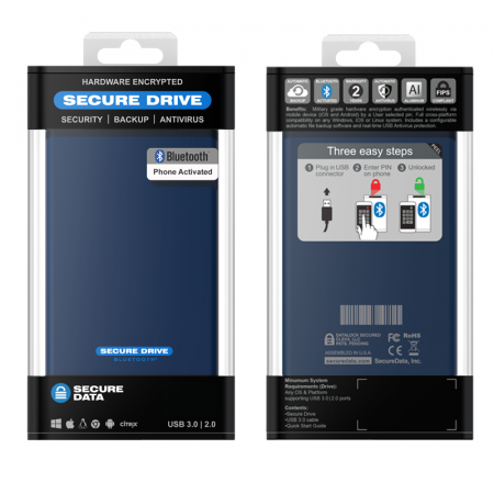 SecureData SD-BT-12-BU250GB-SSD SecureDrive Bluetooth 250GB FIPS 140-2 Level 3 Validated 256-Bit Hardware Encrypted External Portable SSD USB 3.0 - Secure Wireless Unlock via Mobile App