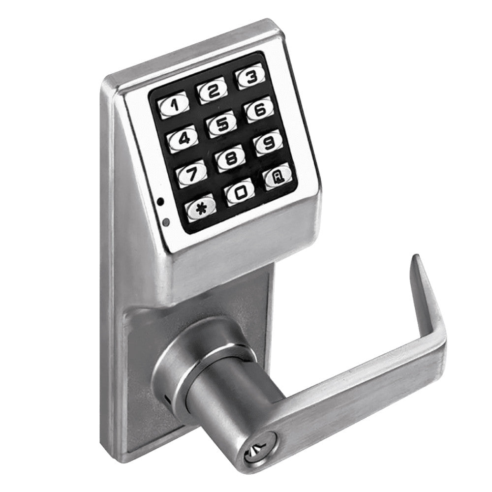 Alarm Lock Trilogy T2 DL2700WP/26D weatherproof keypad lever lock in satin chrome, with 12-button keypad, lever and key override cylinder