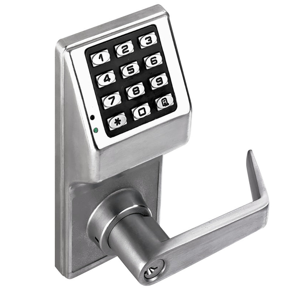 Alarm Lock Trilogy T2 DL2700/26D keypad lever lock in satin chrome, with 12-button keypad, lever and key override cylinder